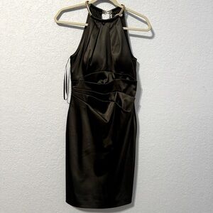 Eliza J Black Satin Draped Gold Tone Chain Collar Sleeveless Cocktail Dress